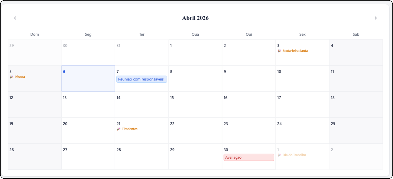 Agenda escolar - visão mensal